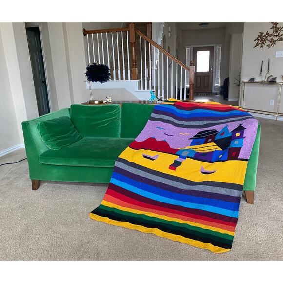 vintage 80s RAINBOW STRIPED Iglesia MEXICAN Blanket serape woven Falsa blanket - Picture 2 of 10